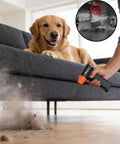 Person using Cordless Air Duster 130000 RPM With 3 Gear Speed Handheld Blower under sofa with dog watching