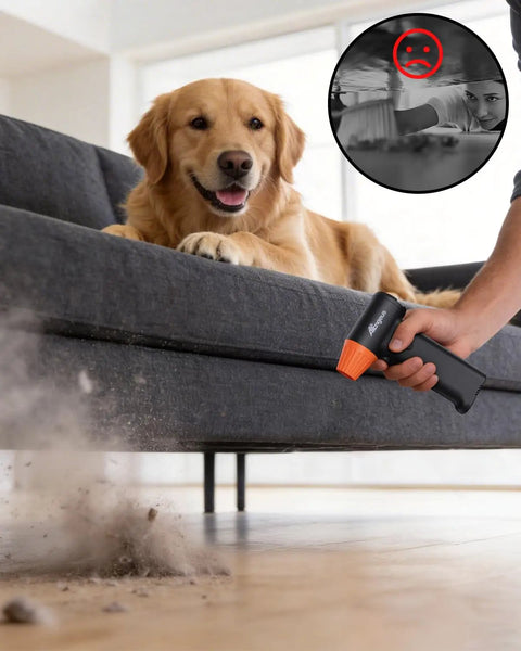 Person using Cordless Air Duster 130000 RPM With 3 Gear Speed Handheld Blower under sofa with dog watching