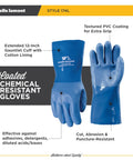 Heavy Duty Rubber Gloves With PVC Coating For Chemical And Abrasion Resistance, Waterproof Protection, 12 Inch Cuff, Large Blue Work Gloves