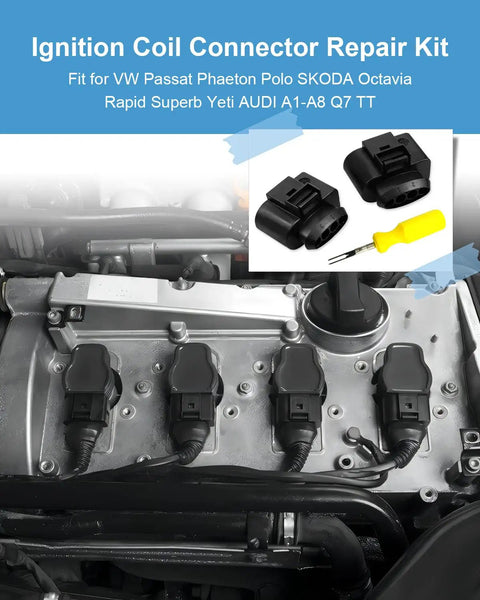 Engine with installed 4 Pack Ignition Coil Connector Repair Kit Fits VW Passat Tiguan Beetle Golf Jetta And Audi A3 A4 A5 A6 Q7 TT R8 Harness Plug Replacement 4B0973724 Direct Fit