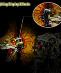 Totally Mechanical Dino Building Kit With LED Light And Movable Gears Display Stand 1277 Pieces For Teens And Adults Cyberpunk Biomechanical Dilophosaurus Model, close-up of glowing head and wings