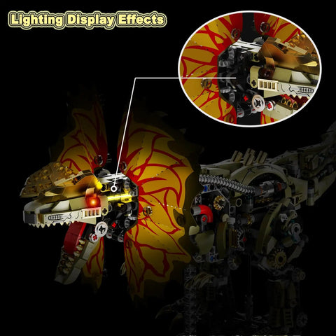 Totally Mechanical Dino Building Kit With LED Light And Movable Gears Display Stand 1277 Pieces For Teens And Adults Cyberpunk Biomechanical Dilophosaurus Model, close-up of glowing head and wings
