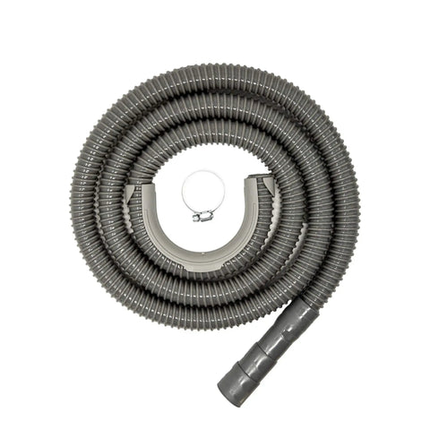 6 Foot Washing Machine Drain Hose With Flexible Corrugated Design Replacement Or Installation Kit Includes Stainless Steel Clamp And Plastic Saddle Hook Universal Fit For Kenmore Whirlpool LG Haier Samsung Maytag GE And More coiled with clamp and hook