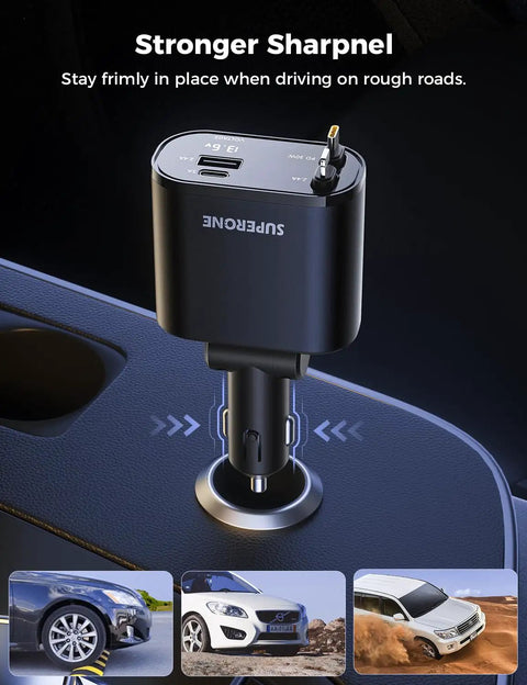 Upgraded Retractable Car Charger 4 In 1 Fast USB C and Apple Car Adapter plugged into car dashboard socket