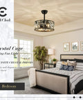 Dope Crystal Caged Bladeless Ceiling Fan Light Sleek Modern Black Fandelier in a bedroom setting with elegant decor