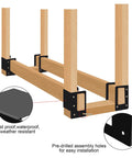 Diagram of 4 Pack Firewood Storage Rack Brackets For Indoor Outdoor Use with wooden 2x4s, showing pre-drilled holes and black steel brackets