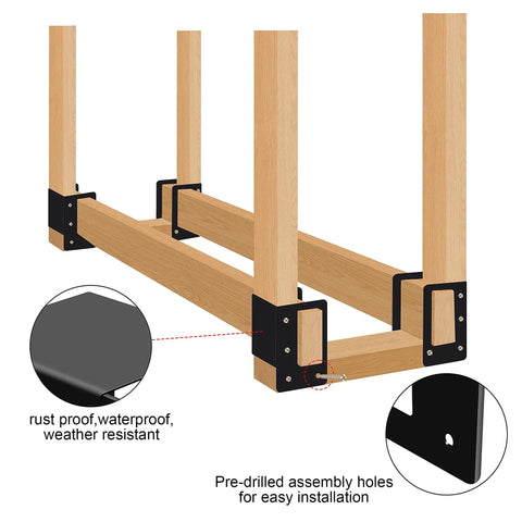Diagram of 4 Pack Firewood Storage Rack Brackets For Indoor Outdoor Use with wooden 2x4s, showing pre-drilled holes and black steel brackets