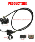 Product size diagram of Next Gen Mini Bike Hydraulic Brake Kit For 97cc And 98cc Mini Bikes with brake hose, caliper, and pads.