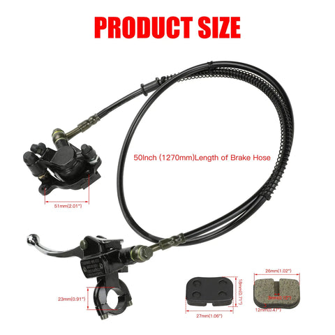 Product size diagram of Next Gen Mini Bike Hydraulic Brake Kit For 97cc And 98cc Mini Bikes with brake hose, caliper, and pads.