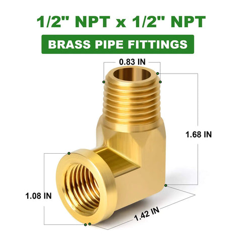 2 Pack 90 Degree Street Elbow Brass Pipe Fitting Half Inch NPT Male To Half Inch NPT Female Barstock Corrosion Resistant Plumbing Connector For Pipes And Fluid Lines, with dimensions shown.