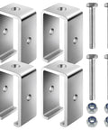 Heavy Duty 1-5/8 Inch Strut Channel Trolley Hanger Bracket Set Featuring High-Strength Solid Steel Construction With Cold Galvanized Finish For Superior Rust Resistance And Durable Performance On UNISTRUT Tracks Perfect For Hoists Sandbags Roller, showing four steel brackets with hardware.