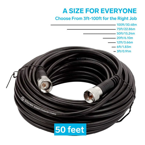 Coiled RG8X 50 Ft Coax Cable for HAM Radio and CB Systems With PL259 UHF Connectors displayed on white background