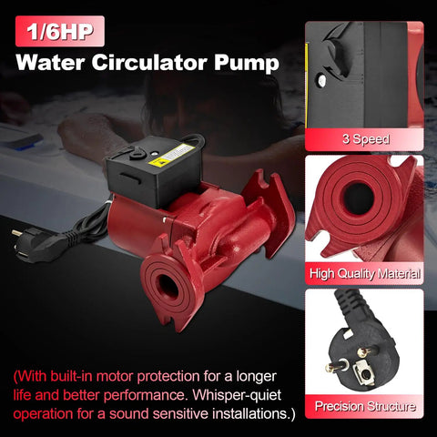 Whisper Quiet Hot Water Circulation Pump For Smooth Home Heating 230V 1 6Hp red water circulator pump with three-speed motor.