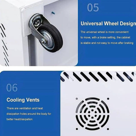 Hassle Free Phone Charging Locker And Tech Organization Hub For 40 To 60 Gadgets Featuring Rapid Charge Ports Tough As Nails Steel Frame showing universal wheel design and cooling vents.