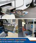 20 Inch Rugged Heavy Duty Drawer Slide With Lock, 2 Inch Width, 125 Lb Load Capacity, 3 Fold Full Extension, used in vehicles