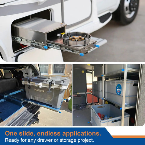 20 Inch Rugged Heavy Duty Drawer Slide With Lock, 2 Inch Width, 125 Lb Load Capacity, 3 Fold Full Extension, used in vehicles