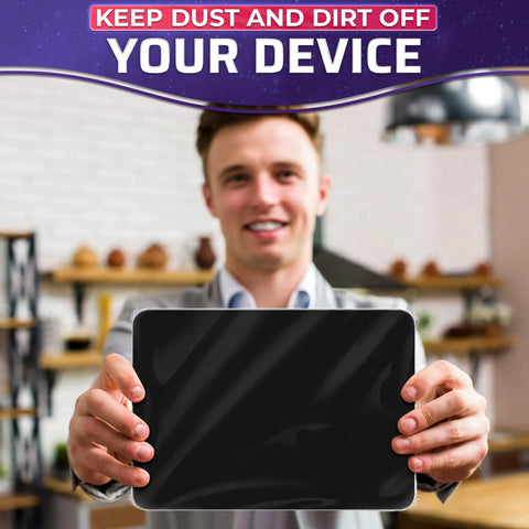 Man holding a tablet displaying text 'Keep dust and dirt off your device' in kitchen setting.