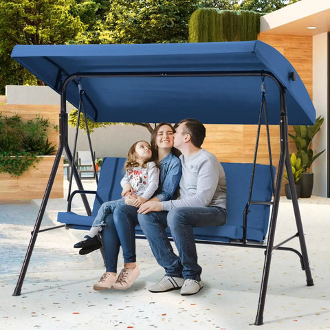 Three Seat Patio Swing With Removable Cushions And Adjustable Weather Resistant Canopy For Backyard Porch And Garden In Blue Fabric Seat