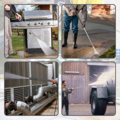 Pressure Washer Gun Kit With 26 Inch Hose, 16 Inch Extension Wand, Five Nozzle Tips, M22 15mm And M22 14mm Fittings in use on various surfaces