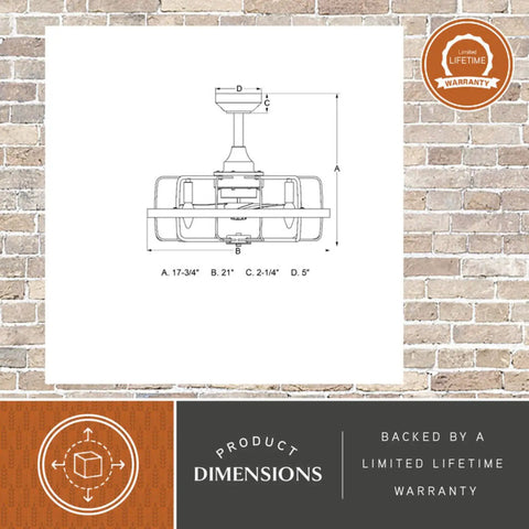 HomeStock Modern Industrial 21-Inch Ceiling Fan with Dimmable Light Kit and Remote Control for Small Rooms dimensions diagram on brick background.