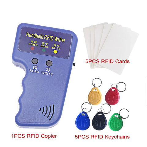 Handheld 125KHz RFID Copier And Card Duplicator For T5577 EM4305 with 5 T5577 keychains and 5 T5577 cards, blue portable device