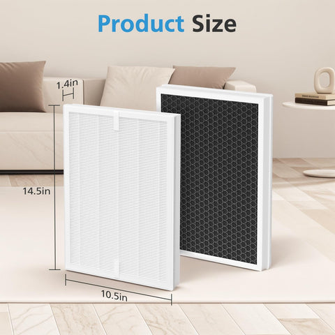 2 Pack A7 And E-400 Replacement Filter Set For Air Purifiers With True HEPA H14 And Activated Carbon, product size dimensions shown