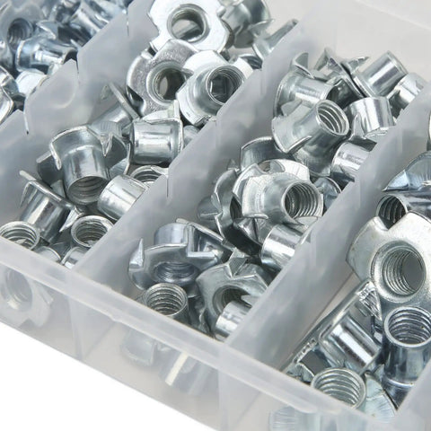 Heavy Duty Galvanized T Nuts Set One Hundred Ten Pieces Pronged Tee Nuts For Wood And Wet Environments in storage case