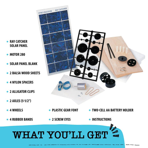 Ray Catcher Solar Vehicle Kit for STEM Projects with solar panel, gears, wheels, wood sheets, and motor parts