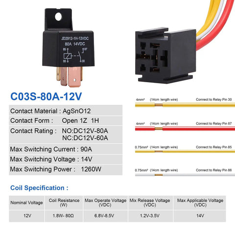 4 Pin Car And Truck Relay Socket Kit With Harness, Heavy Duty 12V DC SPST Normally Open Relay, 80A High-Current Automotive Relay Socket, 4-Wire Plug, JD2912-1H-12VDC Compatible, Pack Of 2, black plastic connector with colored wires