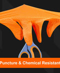 Orange Nitrile 8 Mil Heavy Duty Gloves With Raised Diamond Grip For Mechanics XL stretched over scissors