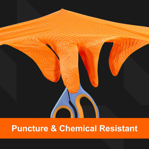 Orange Nitrile 8 Mil Heavy Duty Gloves With Raised Diamond Grip For Mechanics XL stretched over scissors