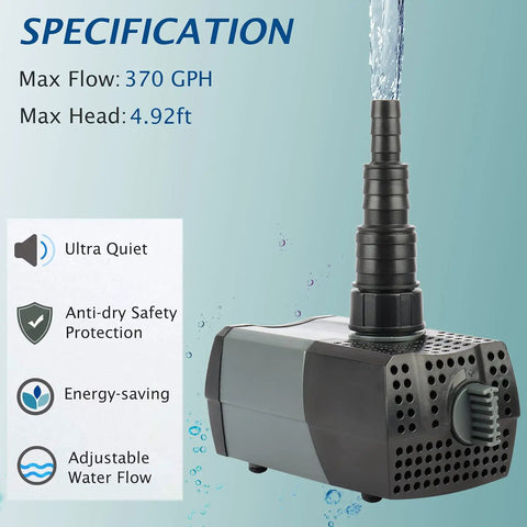 Submersible Water Pump With Fountain Jets For Ponds Fountains Aquariums And Aquaponics Easy Setup Adjustable Flow Control Jet Nozzles Hose Attachments Outdoor Pond Pump For Balcony Backyard Or Patio Yard Ready featuring adjustable water flow and energy-saving design.