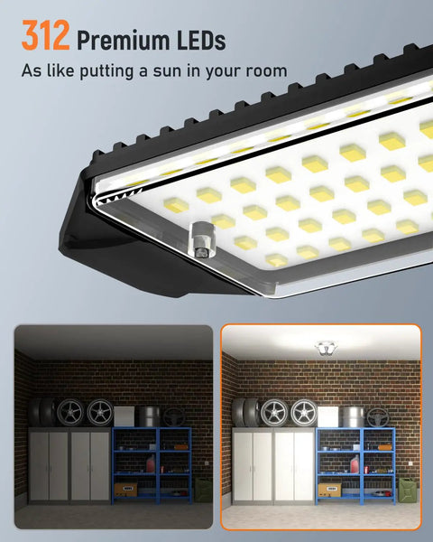 Close-up of 312 LED chips on a 10,000 Lumen Deformable LED Garage Light With Six Adjustable Panels, illuminating a garage.