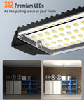 Ultra Bright Four Pack 40000 Lumen LED Garage Light close-up with 312 LEDs, installed in a garage setup with shelves and storage.