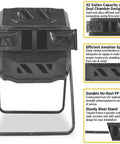 Front view of Dual Chamber Compost Tumbler With 42 Gallon Capacity And No-Fuss Aerated Rotating Drum On A Sturdy Steel Frame