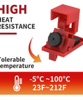 Red 10 Pack Clamp On Circuit Breaker Lockout Devices For 120/277V Single Pole Systems with heat resistance information.