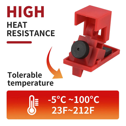 Red 10 Pack Clamp On Circuit Breaker Lockout Devices For 120/277V Single Pole Systems with heat resistance information.
