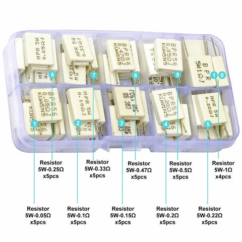 Ceramic Cement Resistor Kit 5W DIY Assortment Pack With 0.05 Ohm To 1 Ohm Values Includes 10 Types And 49 Pieces High Precision Tolerance