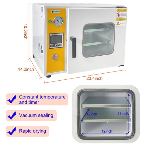 Heavy Duty 0.9 Cubic Foot Vacuum Drying Oven Featuring Pro Grade Pid Temperature Control 12 By 12 By 11 Inch Chamber for lab use.