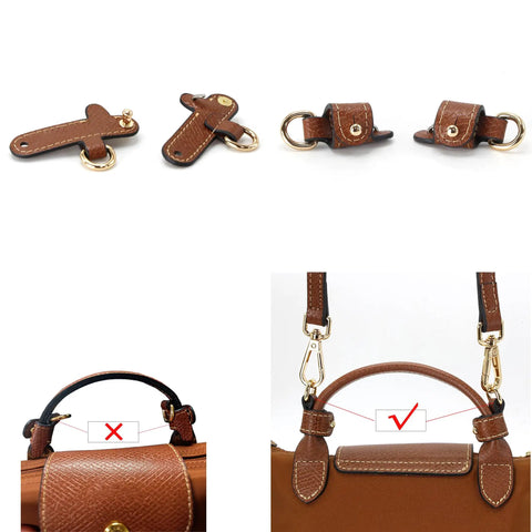 Hella Sturdy Adjustable Cowhide Leather Shoulder Strap Kit With Vintage Gold Hardware Game Changer For Mini Purse Easy Punch Free Installation Brown And Gold Crossbody Converter components including clasps and installation details.