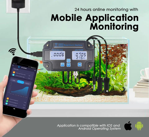All In One Water Quality Tester 6 In 1 Real Time pH EC TDS Salinity SG And Temperature Monitor on aquarium with mobile app display