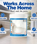 Heavy Duty Multi Surface Waterproof Sealant Spray To Nail Leaks On Roofs Walls Or Tiles clear coating displayed near roof, wall, and tile.