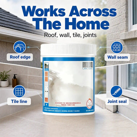Heavy Duty Multi Surface Waterproof Sealant Spray To Nail Leaks On Roofs Walls Or Tiles clear coating displayed near roof, wall, and tile.