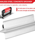 Pro Grade Stainless Steel Concrete Edger And Groover Tool Set With 6 Inch Edger And 6 Inch Groover Quarter Inch Radius Edging Half Inch Wide Groover Profile Durable Masonry Hand Tools For Smooth Concrete Finishing And Precise Edges showcasing groover with red handle.