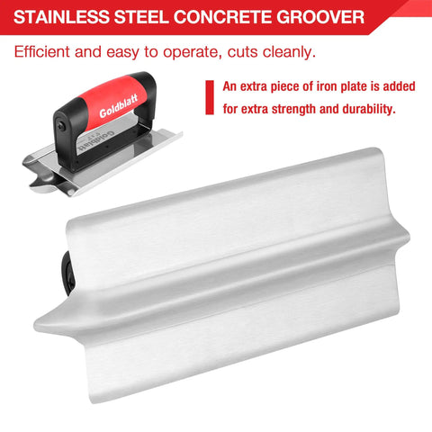 Pro Grade Stainless Steel Concrete Edger And Groover Tool Set With 6 Inch Edger And 6 Inch Groover Quarter Inch Radius Edging Half Inch Wide Groover Profile Durable Masonry Hand Tools For Smooth Concrete Finishing And Precise Edges showcasing groover with red handle.