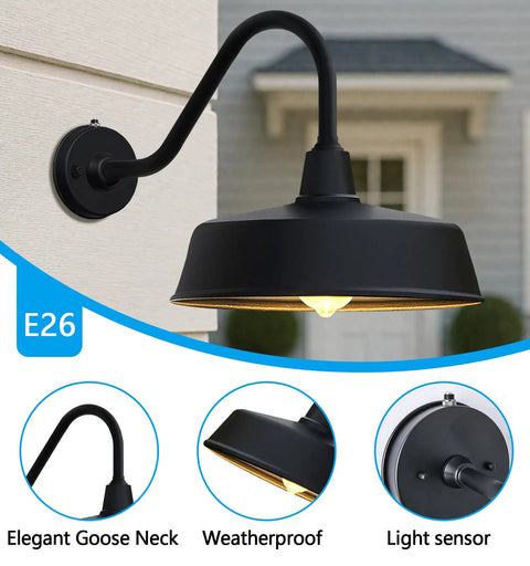 Gooseneck Barn Light With 15 Inch Arm Dusk To Dawn Outdoor Porch Fixture With Durable Aluminum Build and Photocell Sensor