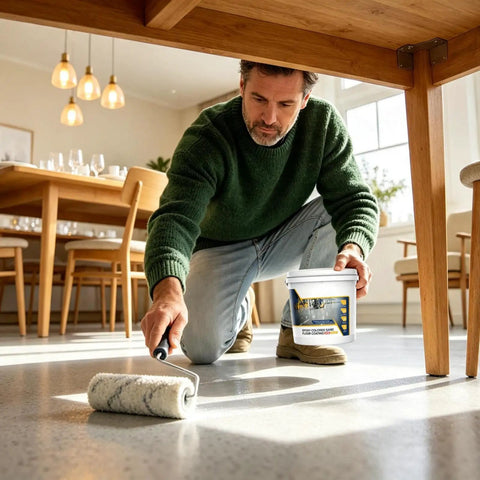 Man applying Epic High Gloss Colored Epoxy Garage Floor Paint Kit With Durable Concrete Sealer For Marble Texture Finish.