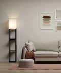 Floor Lamp With Shelves Three Tier Wooden Display Shelves USB Ports And Power Outlet Dimmable LED in modern living room