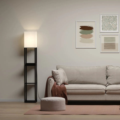 Floor Lamp With Shelves Three Tier Wooden Display Shelves USB Ports And Power Outlet Dimmable LED in modern living room