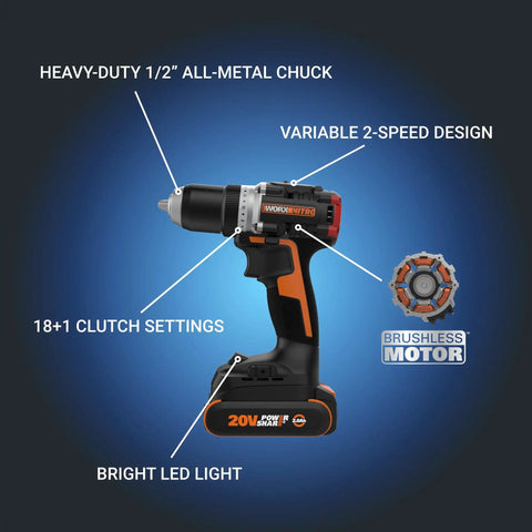 Nitro 20V Cordless Drill Driver Workhorse with battery, 1/2 inch chuck, brushless motor, 535 in-lbs torque for tough projects